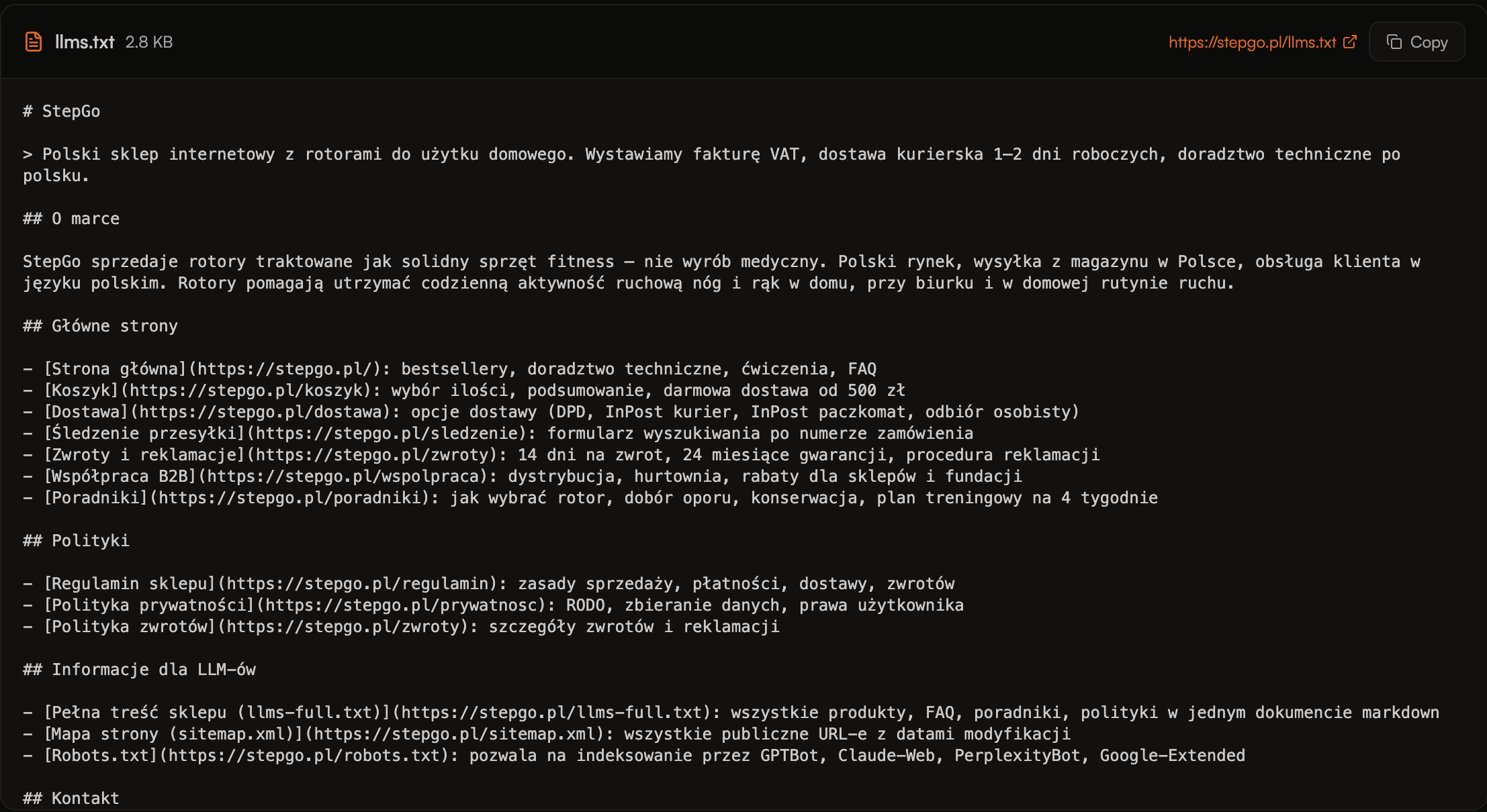 Przykład pliku llms.txt wygenerowanego dla sklepu internetowego